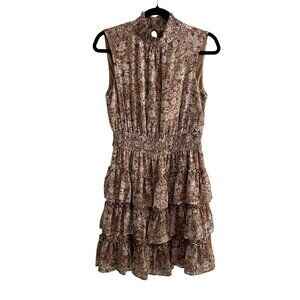 Express Women S Brown Floral Sleeveless Smocked Mock Neck Tiered Mini Dress